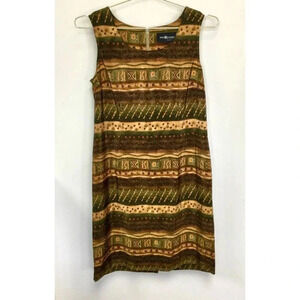 Vintage Sag Harbor Womens Brown Geometric Tribal Print Sheath Dress Size 10 Peti
